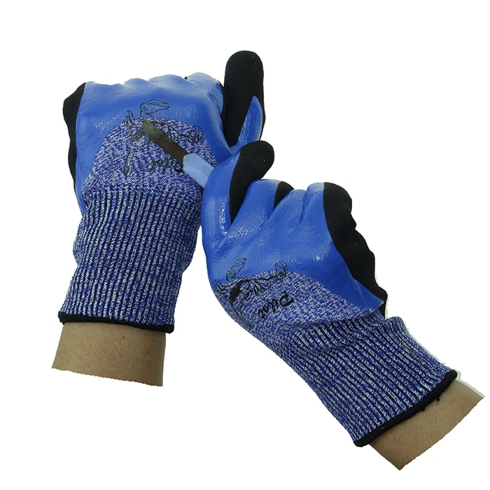 13 HPPE sandy finished nitrile palm double dipped cut resistant gloves level 5 work gloves