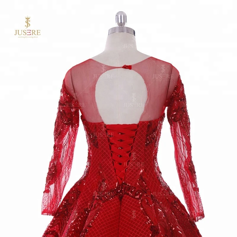 French Luxury Red Beaded Blingbling Long Sleeve muslin Evening Dress