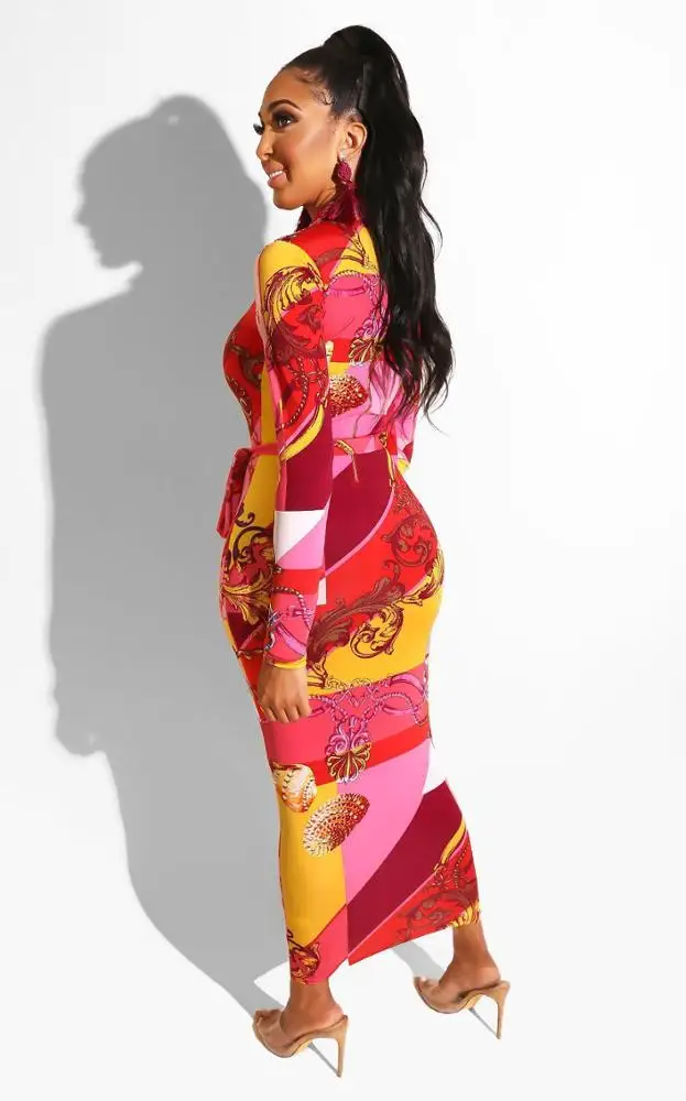 Женское пляжное длинное платье макси с принтом цепей и глубоким V-образным вырезом, новое дизайнерское богемное платье с длинным рукавом 2019 июня