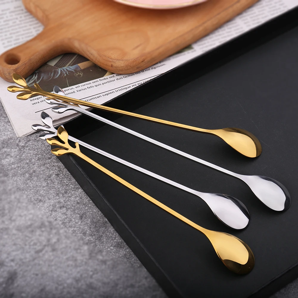 Elegent Leaf Cake Fork And Spoon Colorful Small Stainless Steel Coffee Stirring gold Spoon