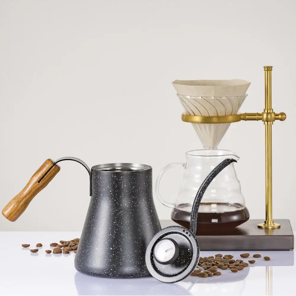 New Design Stainless Steel Gooseneck Pour Over Coffee Kettle  with Wood Hand and Thermometer