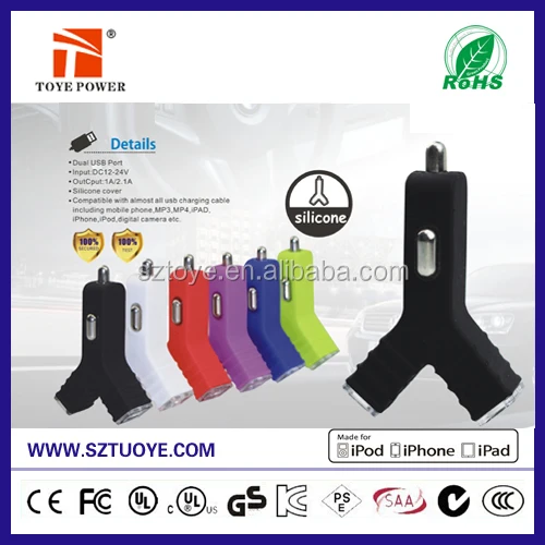 Original OEM CE ROHS 5V 2000mA mini usb car charger 2 sockets for smart android phones