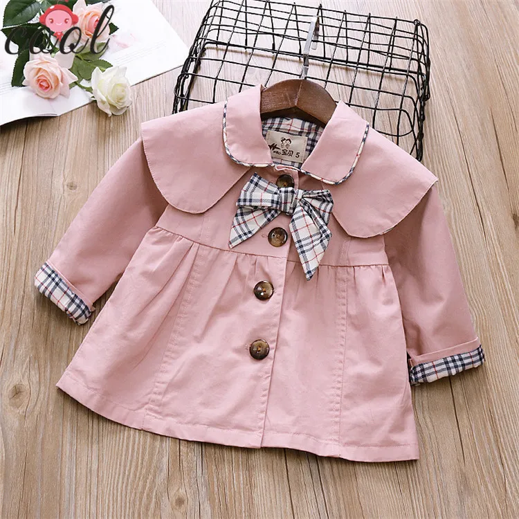 
Fashion red khaki pink plaid bow tie baby winter coat girls trench coat 