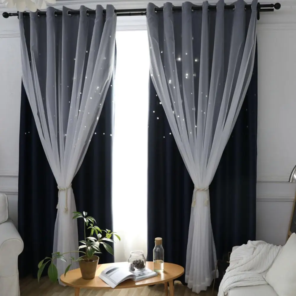 Blackout Curtains for Kid Girls Bedroom Living Room Darkening Stripe Double Layer Star Cut Out Home Decor Window Curtains