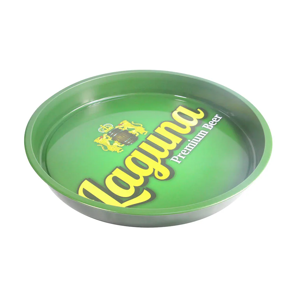 Round anti-slip vintage metal tin serving tray with rolled edge for bar using