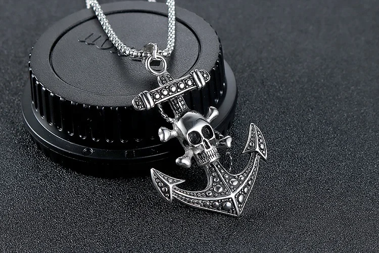 Punk Gothic Pirates of the Caribbean Black  Stainless Steel Cross Charm Skull  Anchor Pendant Necklace
