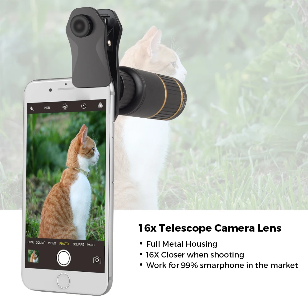 APEXEL 16X Mobile Camera Lens Telescope Fisheye Wide Angle Macro Universal Clip 6 in 1 Cell Phone Camera Lens Kit for iPhone X