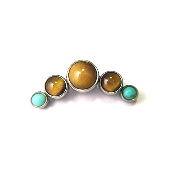 Body Jewelry Titanium Internally Threaded Cluster Top with Natural Tiger Eye and Faux Turquoise Stone