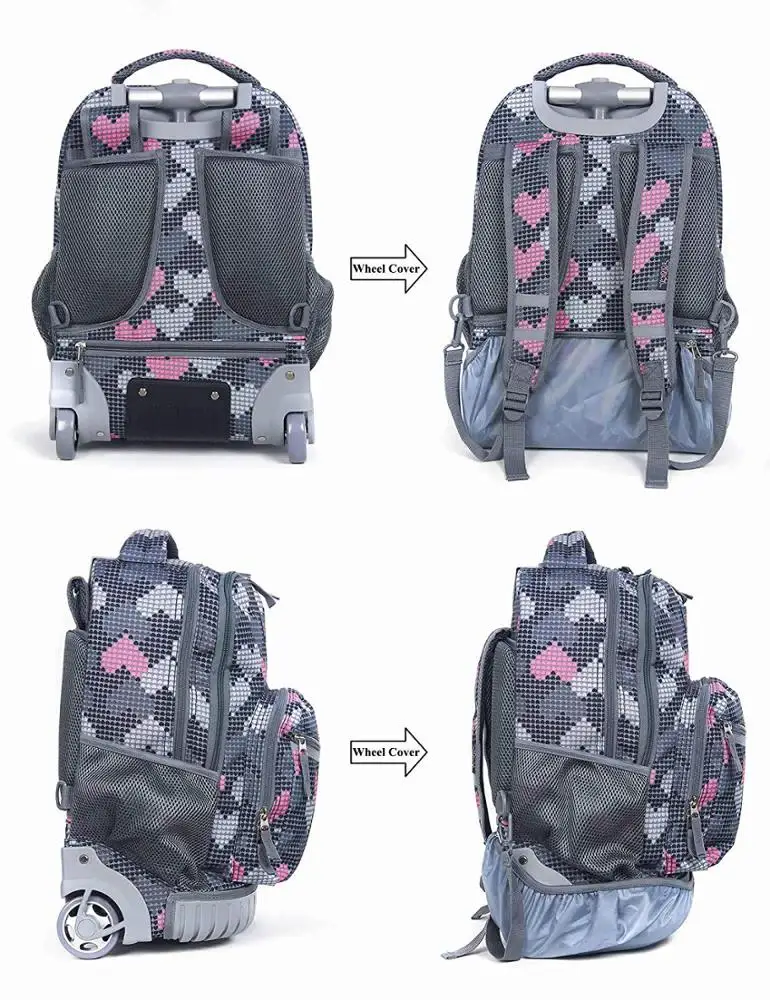 Rolling Backpack with Pencil Case (grey Heart) for School Travel 18 Inch Polyester Cartoon Unisex Sequin Backpack Leisure YX120