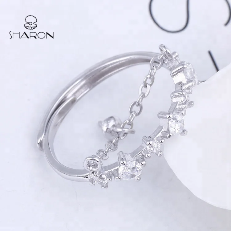 Beautiful Wholesale Women Jewelry Friendship Freshwater Hanging Pearl Sterling Silver Adjustable Ring