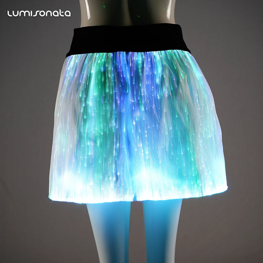 7 color changeable optic fiber luminous sexy girls photos with mini skirt with LED light up stage party mini women dress