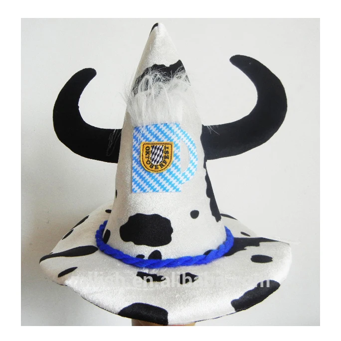 W704 cow printed triangle cone Oktoberfest Hat with horns