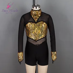 Long Sleeve Transparent Black Mesh Jazz & Tap & Hip Hop Dance Costumes with Gold Sequin Bodice 18526
