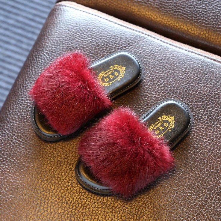 2017 children girls skid resistance fluffy fur slipper TPR shoe sole slip on out shoes