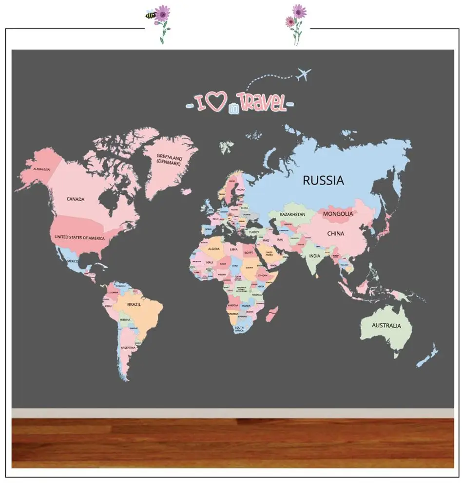 
YIYAO Cartoon Background Colorful English Words World Map Wall Art Decals Stickers 