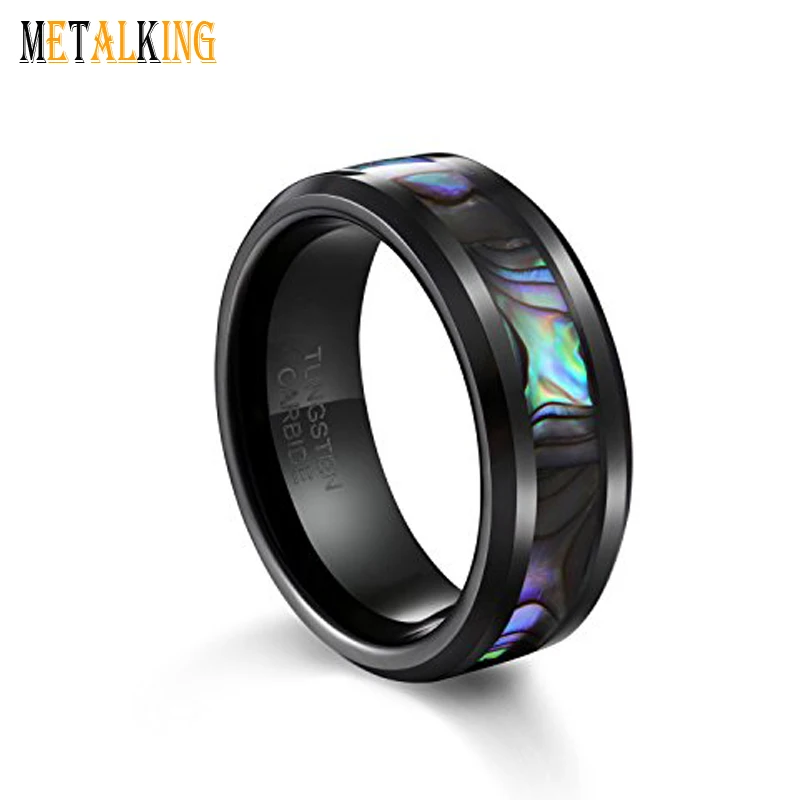 
8mm Tungsten Wedding Band Natural Abalone Shell Inlay Black Mens Ring 