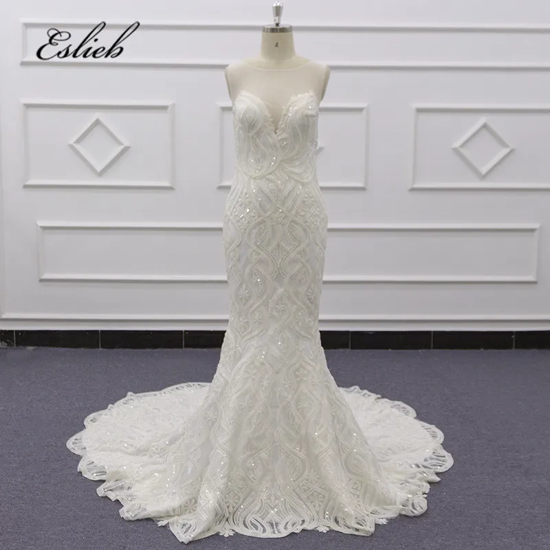 Eslieb SJ077 real photo champagne custom style luxury lace O-neckline zipper  wedding dress bridal mermaid