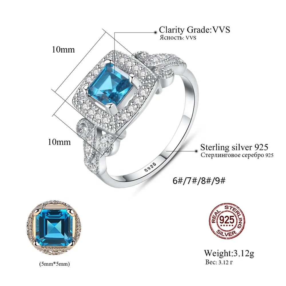 CZCITY Real 925 Sterling Silver Blue Color Topaz Stone Fashion Blue Engagement Ring White Gold Plated