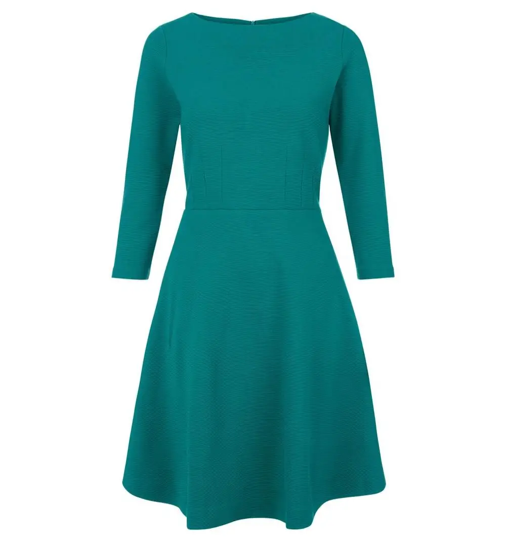 Custom Ladies High Quality Emerald Green 3/4 Sleeve Solid Skater Dress