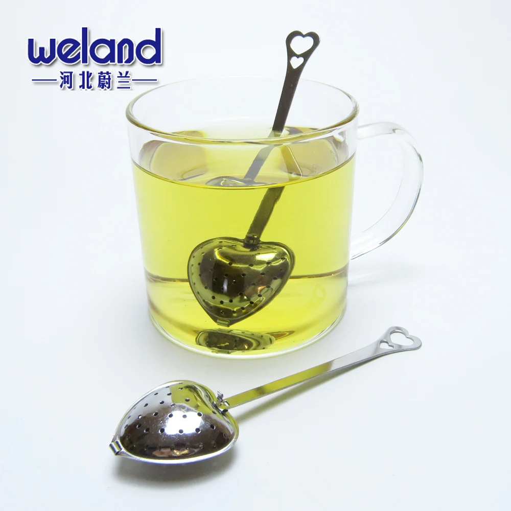 Hot Selling 304 Stainless Steel Long Grip Spoon Loose Tea Leaf Filter Gold Heart Shaped Mesh Tea Infuser Tea Strainer
