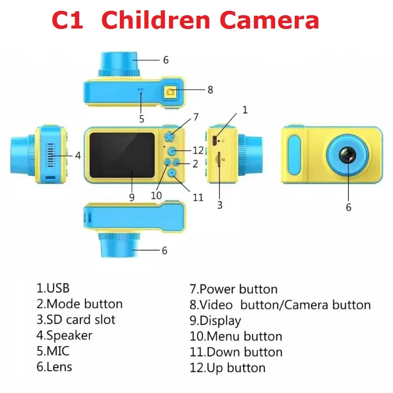 Hot Selling Portable Best Gift for Children Kids HD 1080P Cartoon Digital Camera Video Recorder Christmas Xmas Birthday Gift