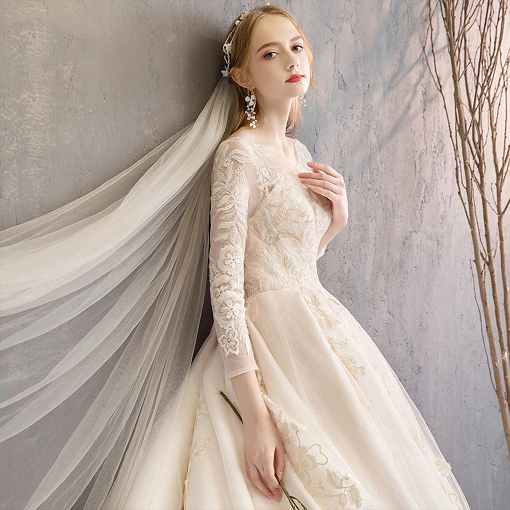 Wholesale flower lace bridal dress online hot sale elegant floor length long sleeve wedding dress