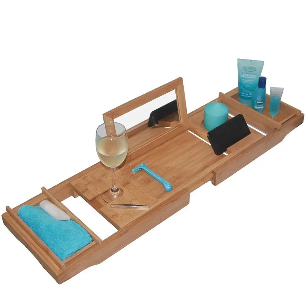 Bamboo Bathtub Caddy Tray with MIRROR also comes with Extending Non Slip Sides, Wine Glass Holder, 2 Removable Storage Shelves