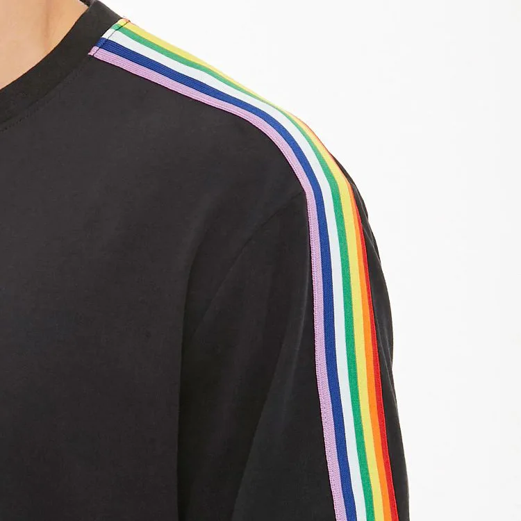 crew neck tshirt 100% cotton wholesale clothing dropped shoulders rainbow stripe trim short sleeve t shirt men