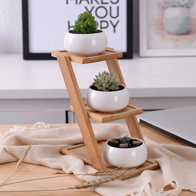 White oblate ceramic three-layer bamboo frame fleshy succulent plant flower pot