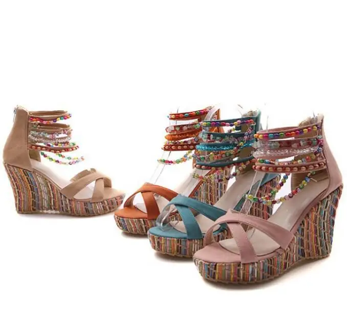 up-0053r Summer women platform sandals 43size new model bohemian style beaded women wedges shoes