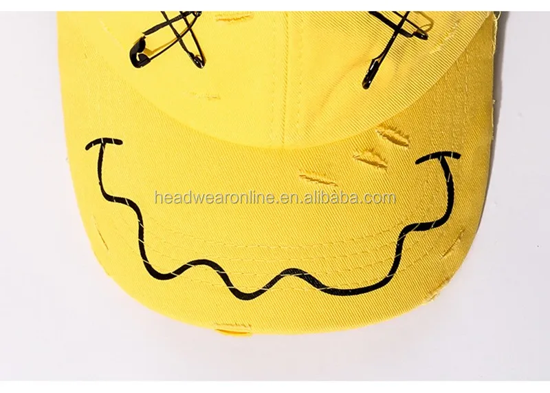 Custom Embroidery Personality Smile Face Distressed Sport Cap Fashion Baseball Cap With Metal Pin for men and women
