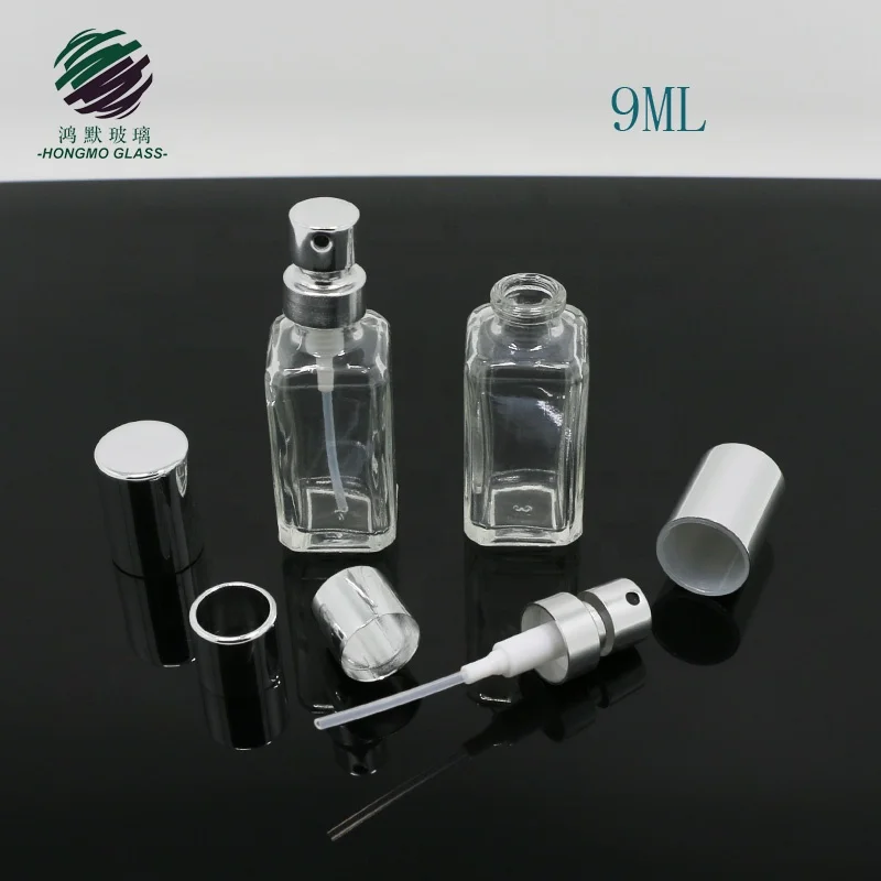 Miniature and portable OEM fine mist sprayer 9ml clear mini square shape crimp neck perfume spray glass perfume bottle