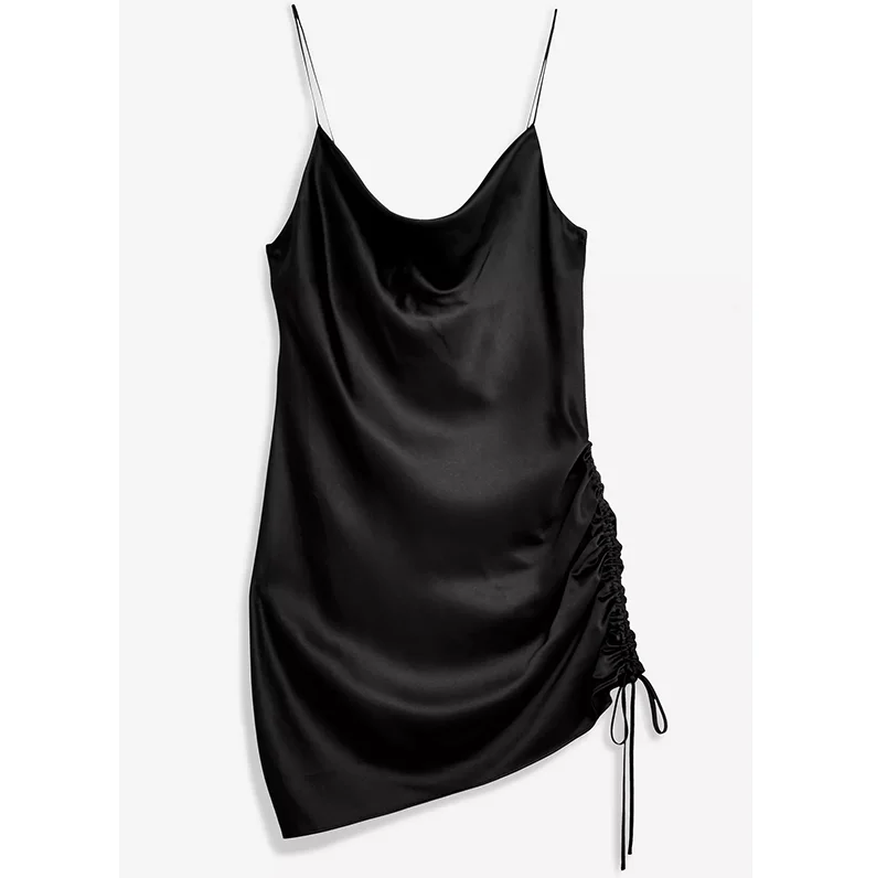 2020 Black Coloured Mini Slip Dress With a Ruched Detailing Soft Satin Mini Dresses