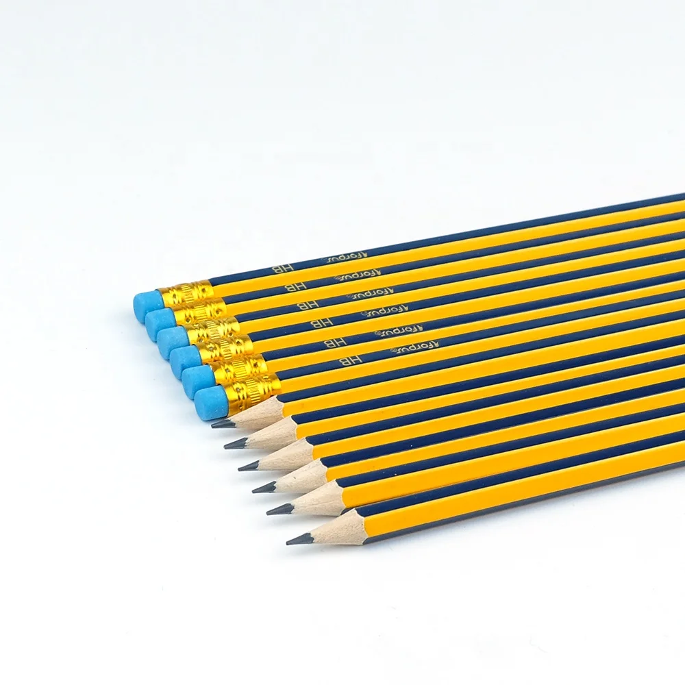 2022 China Custom Logo Promotional Stripes HB Wooden Pencil with Eraser Topper