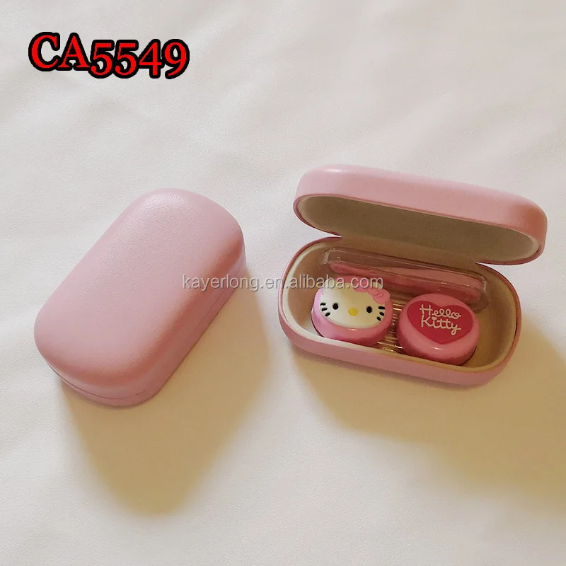PVC kitty and strawberry deco pu cover iron contact lens case, small travel box CA5549