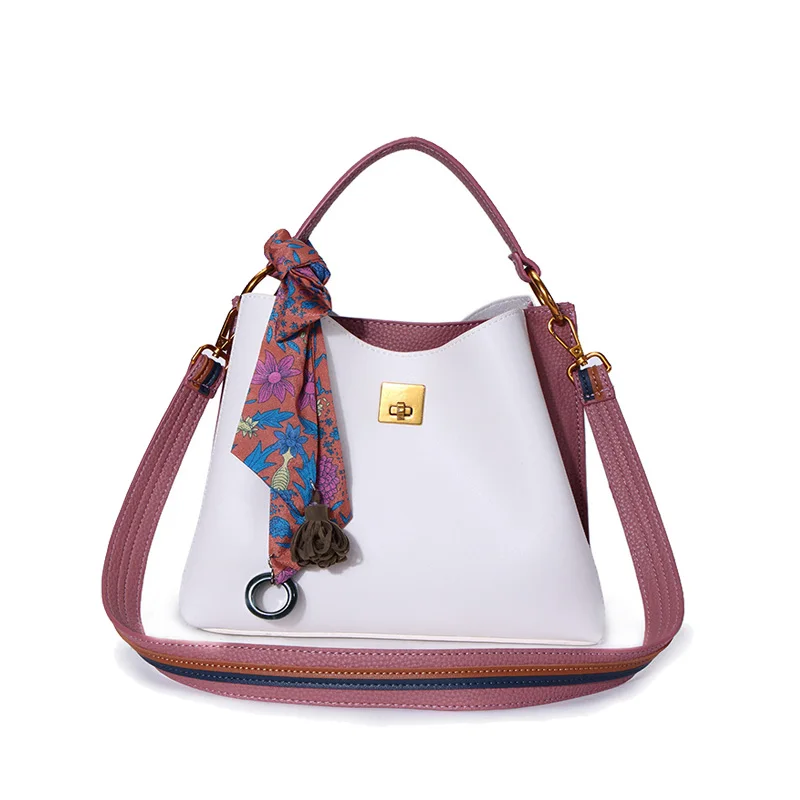 
Elegant new color contrast bucket bags for women 2019 with metal square lock ladies handbags Tote with decoration 