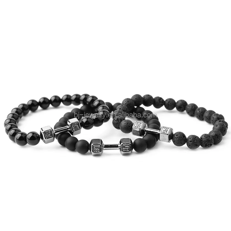 
Fashion Black Lava Stone Bracelet 8mm Natural Stone Beads Dumbbell Men Bracelet 