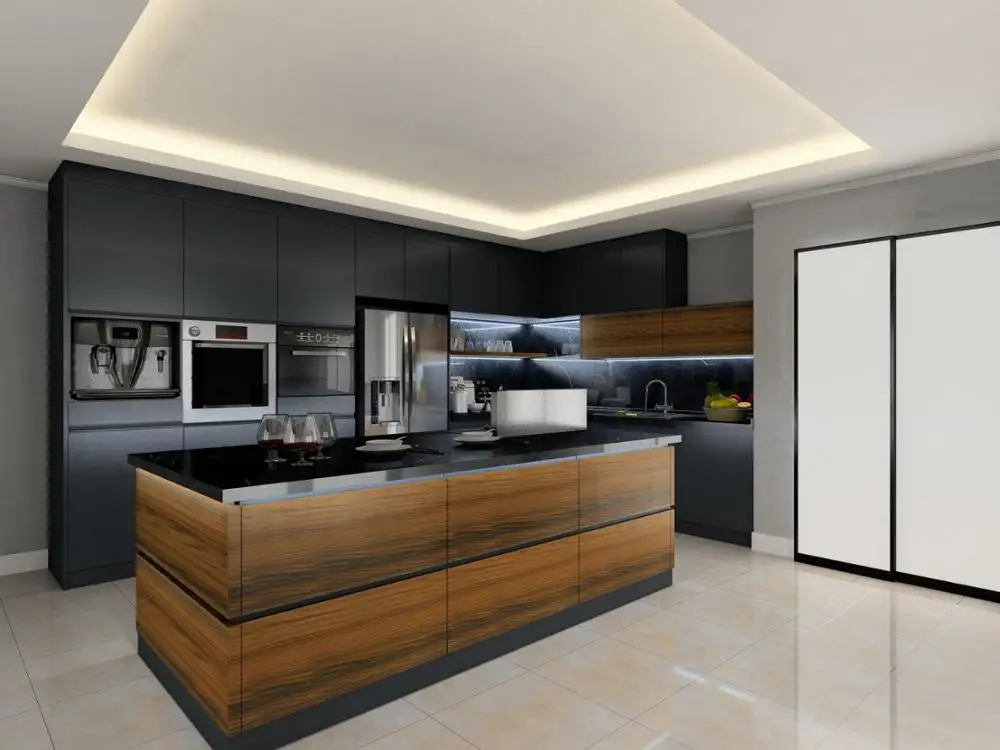 Handle free modern design matt finish lacquer kitchen cabinet with wooden island