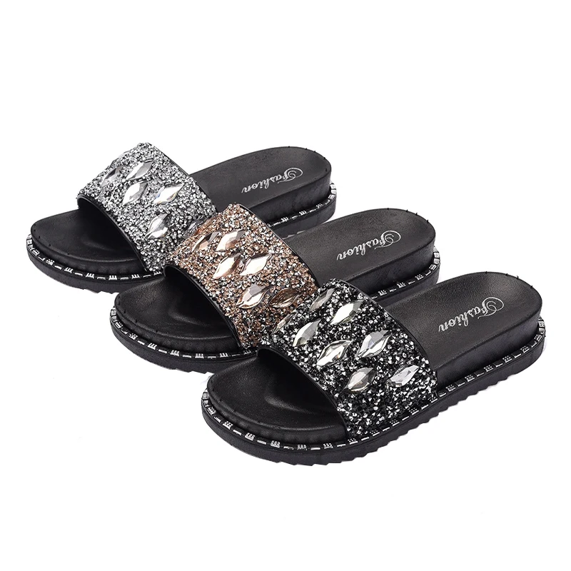 Outdoor slip on cool design women pvc slippers colorful water drops rhinestone slide sandals