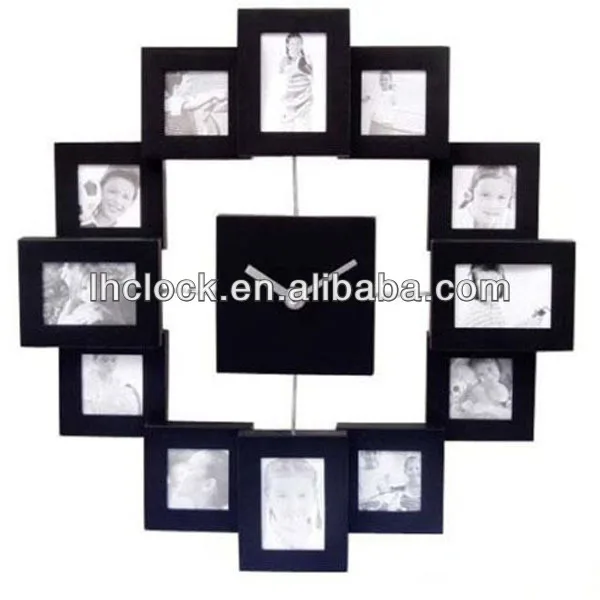 BLACK MODERN 12 MULTI PHOTO PICTURE FRAME & TIME WALL CLOCK