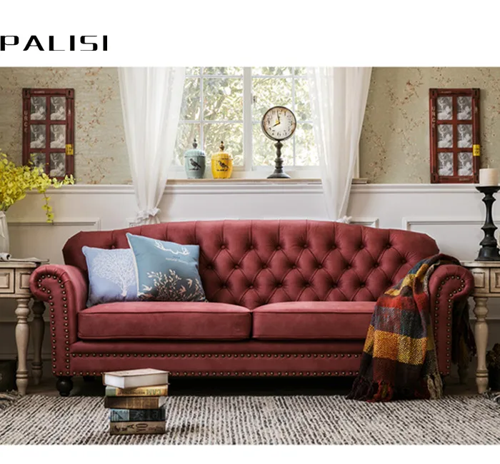 Tufted American Country Sofa Design 1 2 3 seat  Fabric Material Collocation Vintage Sofa Set Design Wood Legs