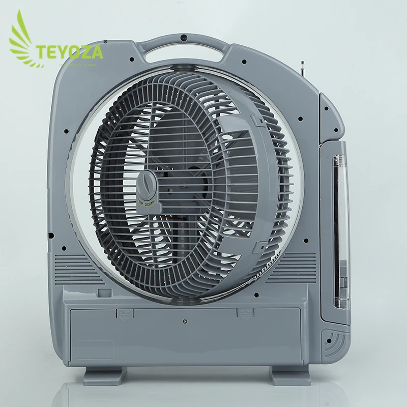 teyoza guangdong charging fan low price12 inch usb  rechargeable mini box emergency solar table fan with MP3 and FM radio