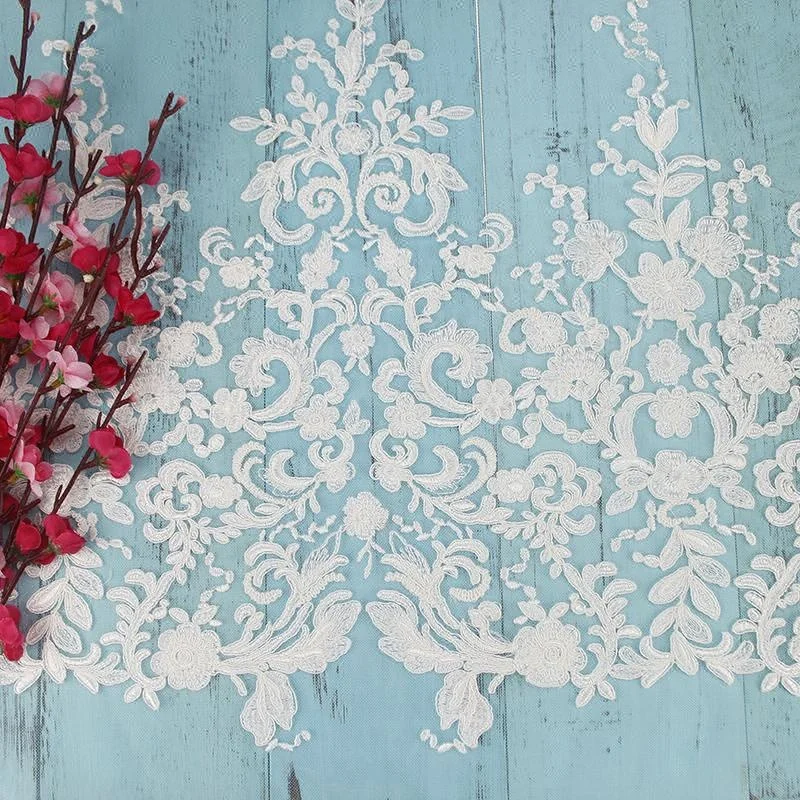 Luxury latest white fabric for wedding dress embroidery lace