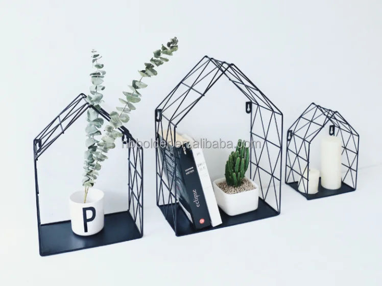 Living room furniture house design set of 3 black metal wire wall shelf rack for promotional