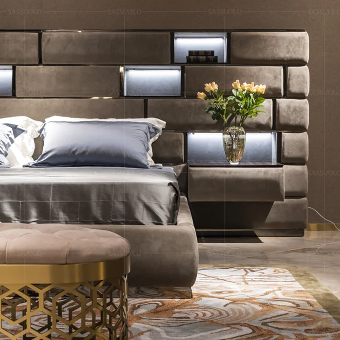 
sassuolo High quality bedroom furniture italian deluxe bed plus bedside table big bed latest postmodern double bed design 