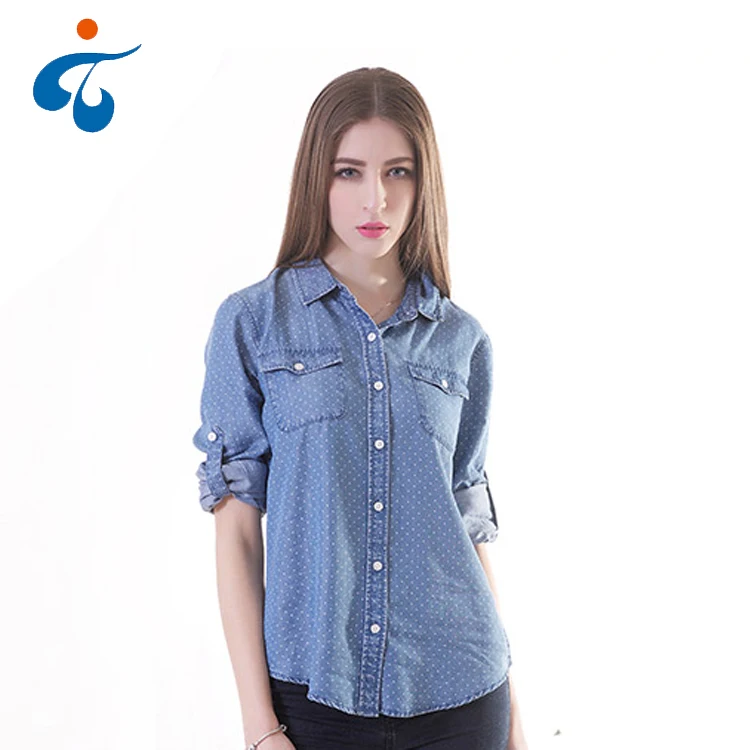Different kinds of printed denim women vintage casual simple blouse patterns designs