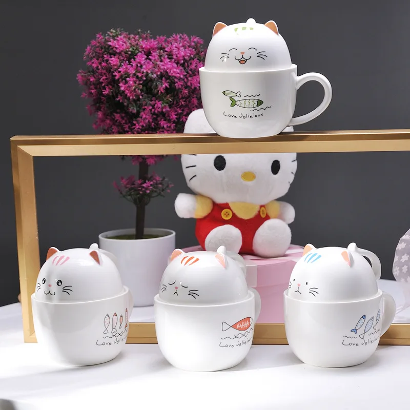 Creative Cartoon Ceramic Mug Porcelain Cup Cute Cat 3D Mugs Large Capacity Glass Milk Cup with Lid