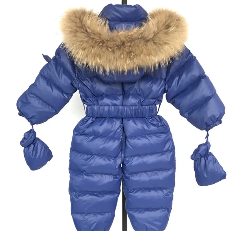 
Winter Children Warm Baby Coveralls Down Coat Duck Down Padded Coat Wholesale Baby Hooded Down Coat With Big Raccoon Fur Collar 