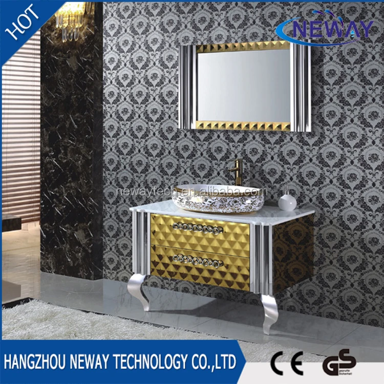 Classic stainless steel marble top bathroom cabinet with mirror