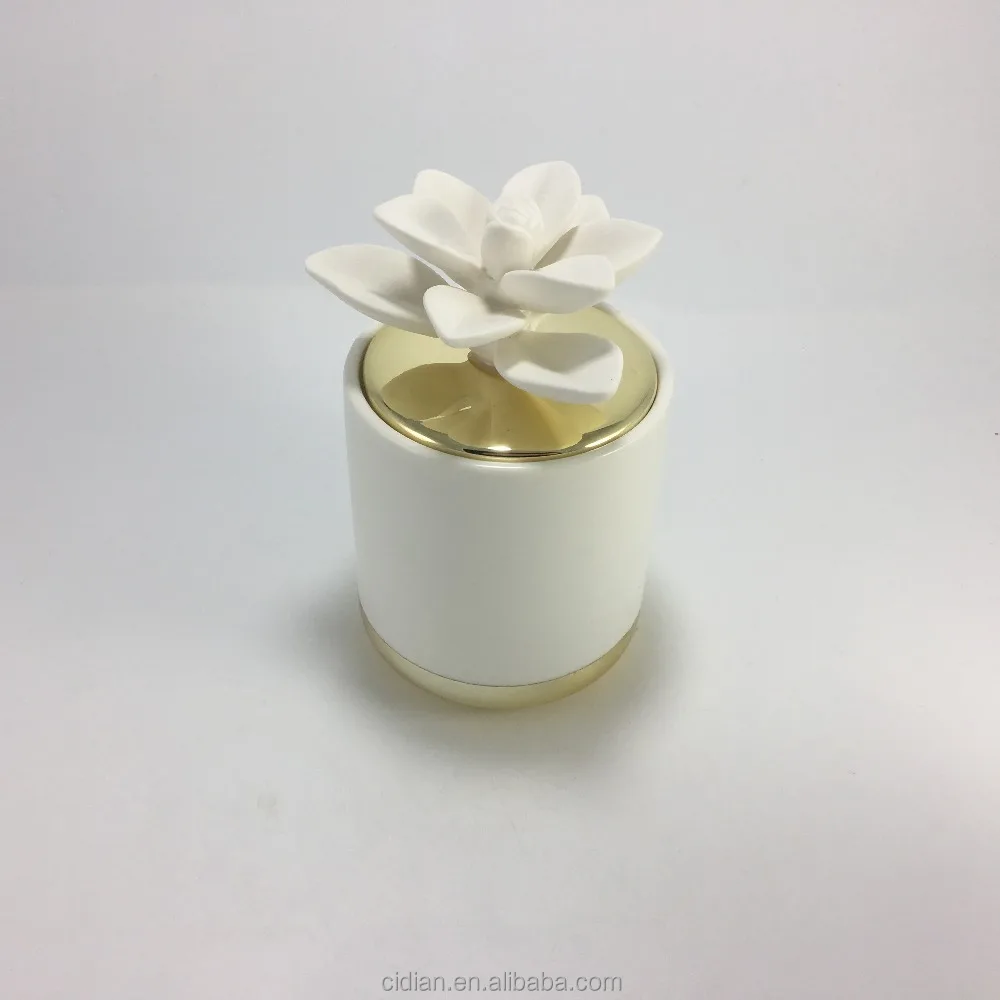 Unique Ceramic candle jar with ceramic flower gold lid